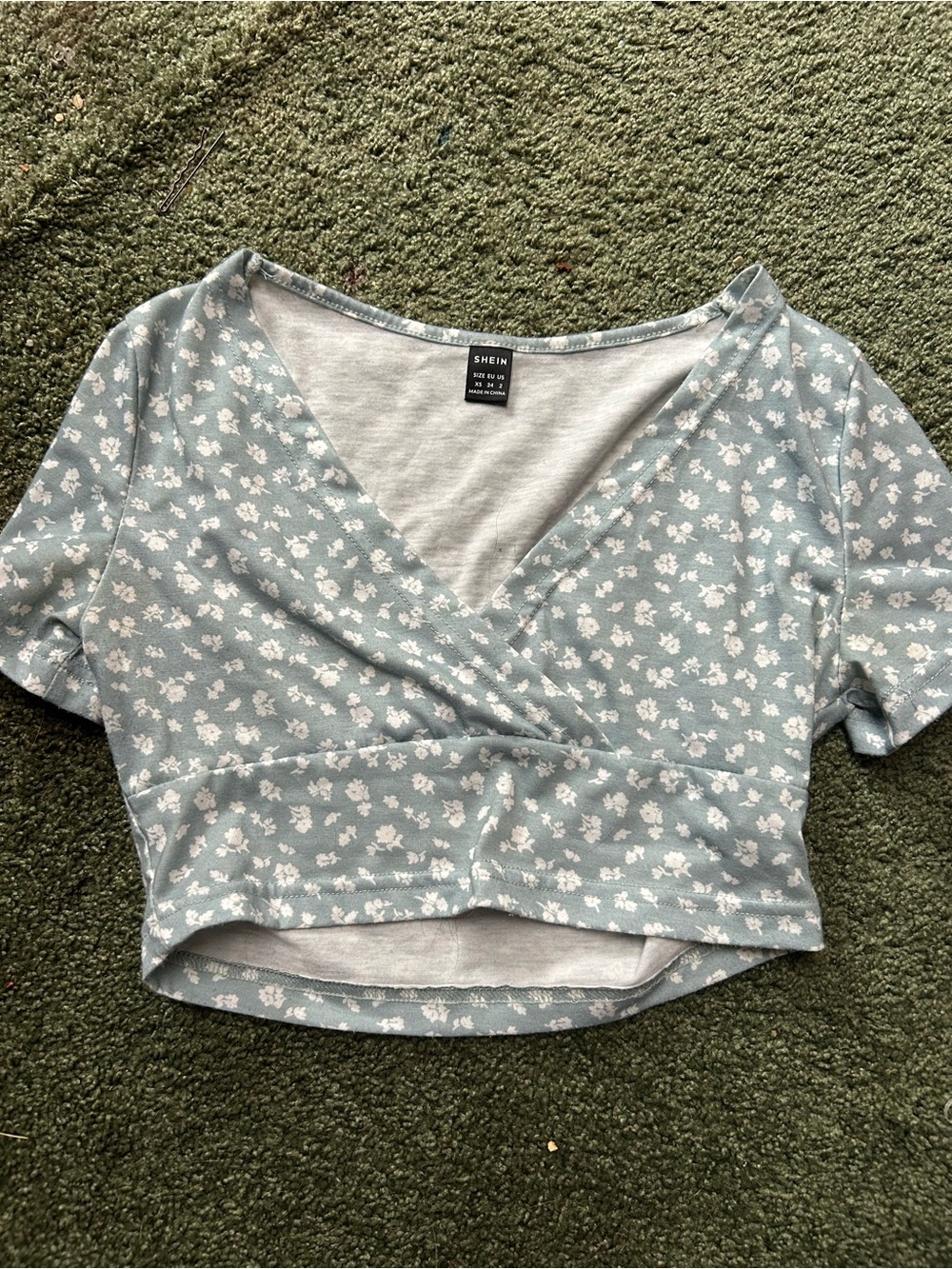 SHEIN Dusty Blue Floral Wrap-Front Crop Top